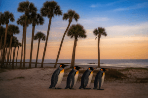 20251211 1837 Penguins on Tropical Beach remix 01kc86jbw1f3h9s82d302w6gww